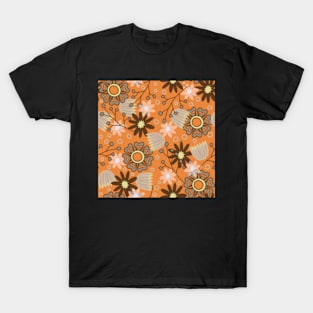 Abstract Floral Pattern In Brown Beige Yellow And White On Orange T-Shirt